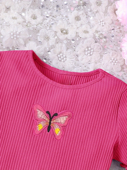 Butterfly Design Frill Trim Short Sleeve Bodycon Dress For Girls Summer Gift Holiday