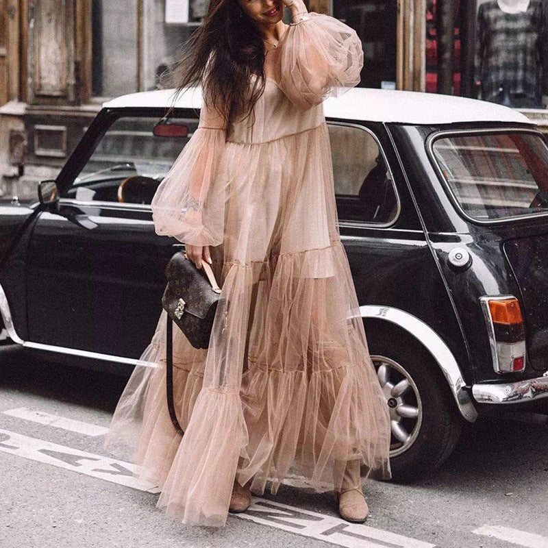2025 Cross-border Amoi Popular trade  2025 women's clothing deep V-neck bubble sleeve mesh see-through dress, long dress
