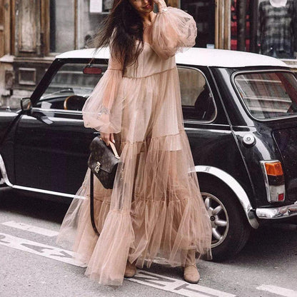 2025 Cross-border Amoi Popular trade  2025 women's clothing deep V-neck bubble sleeve mesh see-through dress, long dress