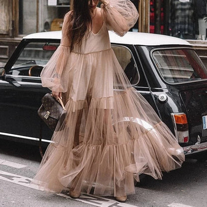 2025 Cross-border Amoi Popular trade  2025 women's clothing deep V-neck bubble sleeve mesh see-through dress, long dress