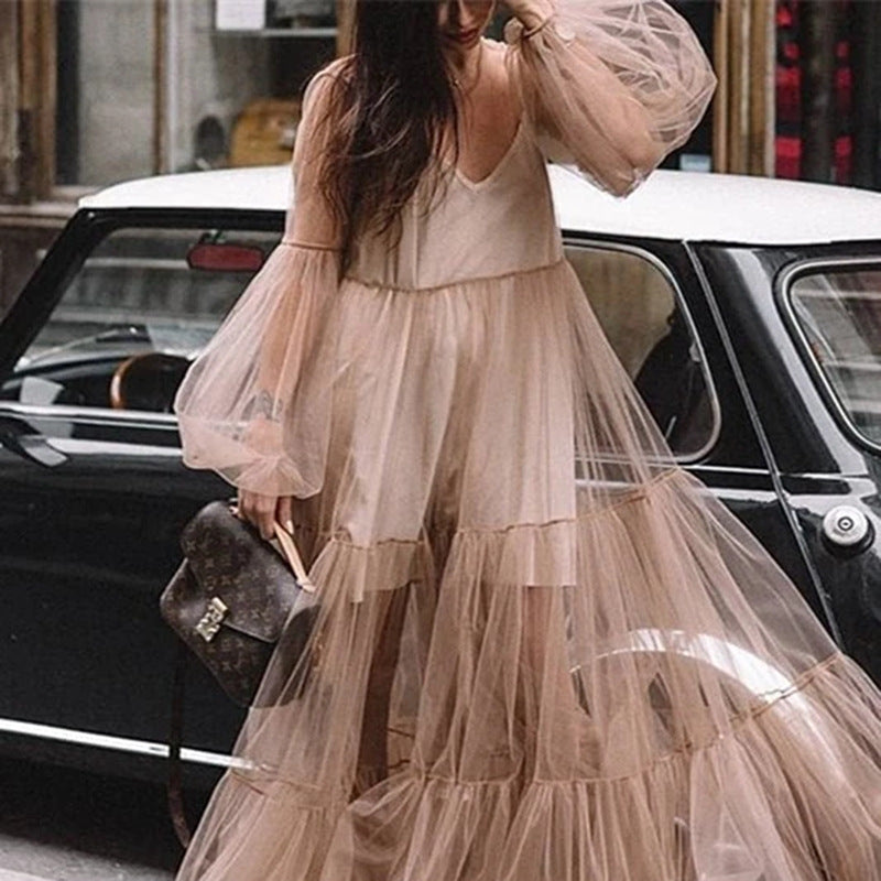 2025 Cross-border Amoi Popular trade  2025 women's clothing deep V-neck bubble sleeve mesh see-through dress, long dress