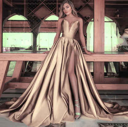 2025 New spring and summer new 2025 New women's clothing sexy deep V split dress solid color pendulum dress, wedding dress