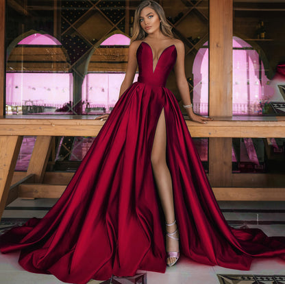 2025 New spring and summer new 2025 New women's clothing sexy deep V split dress solid color pendulum dress, wedding dress
