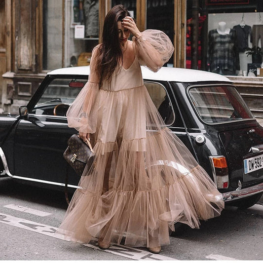 2025 Cross-border Amoi Popular trade  2025 women's clothing deep V-neck bubble sleeve mesh see-through dress, long dress