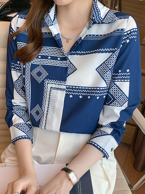 xakxx Long Sleeves Loose Buttoned Printed Lapel Blouses&Shirts Tops