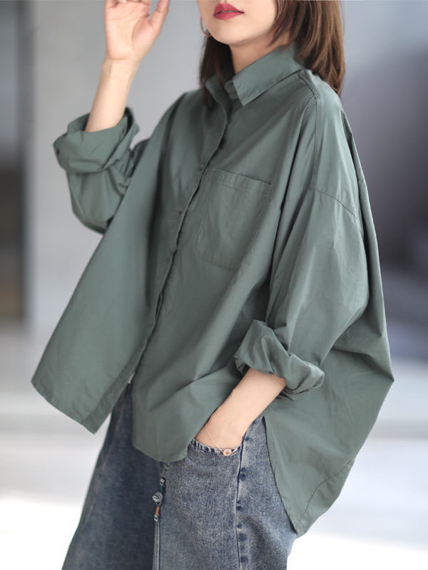 xakxx High-Low Long Sleeves Solid Color Lapel Blouses&Shirts Tops