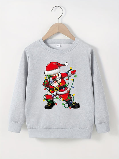 Dancing Santa Print Sweatshirt For Kids, Casual Pullover, Long Sleeve Top, Boy's Clothes For Fall Winter, As Christmas Gift
