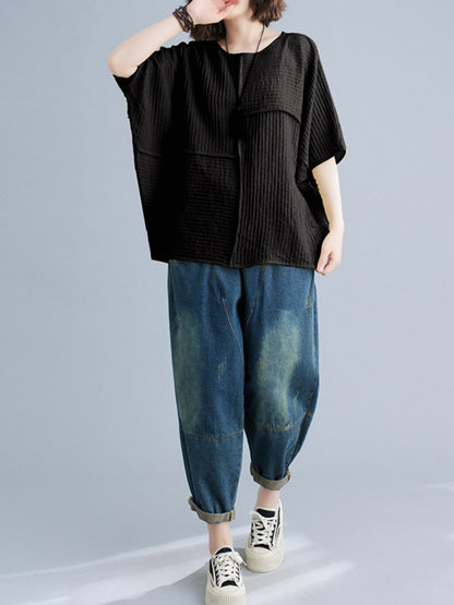 xakxx Batwing Sleeves Loose Solid Color Split-Joint Round-Neck T-Shirts Tops
