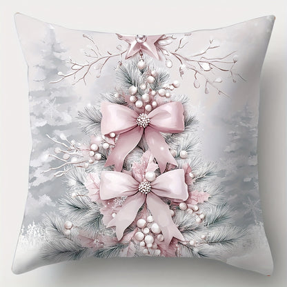 4-Piece Christmas Throw Pillow Covers Set - Contemporary Polyester Decorative Cushion Cases with Zipper Closure, Machine Washable, Woven Fabric, Holiday Themed Decor for Living Room - Gift, Tree, Wreath, Ball Designs