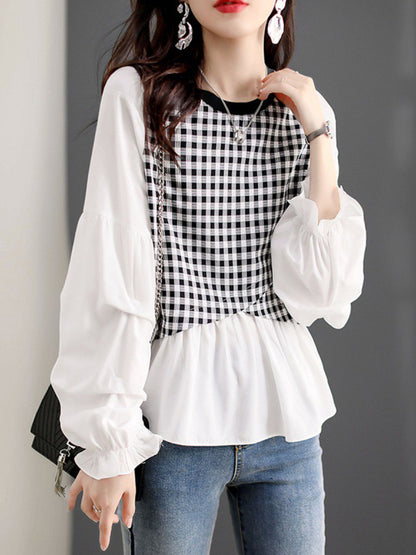 xakxx Long Sleeves Loose Elasticity Plaid Split-Joint Round-Neck T-Shirts Tops