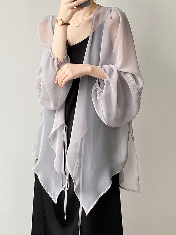 xakxx Bishop Sleeve Long Sleeves See-Through Split-Joint Tied Collarless Blouses&Shirts Tops