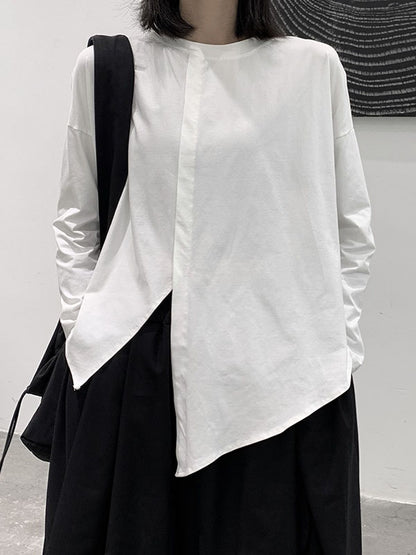 xakxx Long Sleeves Loose Asymmetric Solid Color Split-Front Split-Joint Round-Neck T-Shirts