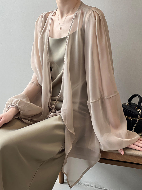 xakxx Bishop Sleeve Long Sleeves See-Through Split-Joint Tied Collarless Blouses&Shirts Tops
