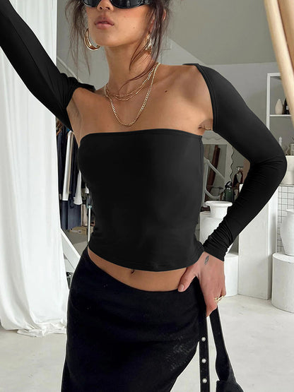 xakxx Long Sleeves Skinny Solid Color Collarless T-Shirts Tops