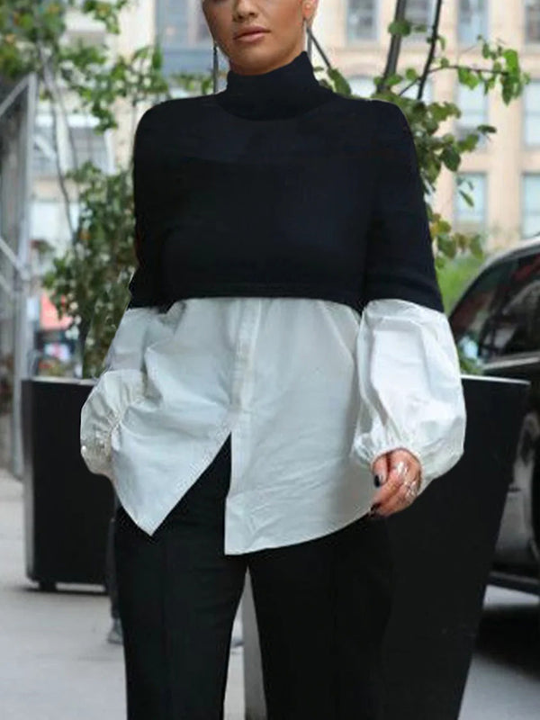 xakxx False Two Puff Sleeves Contrast Color Split-Joint High Neck Blouses&shirts Tops