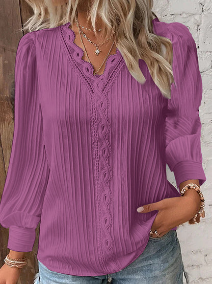xakxx Long Sleeves Loose Hollow Solid Color V-Neck T-Shirts