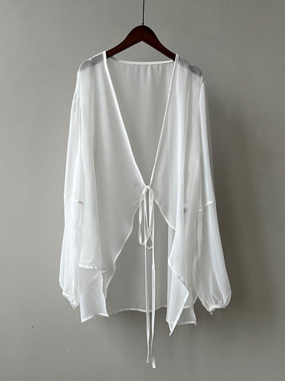 xakxx Bishop Sleeve Long Sleeves See-Through Split-Joint Tied Collarless Blouses&Shirts Tops