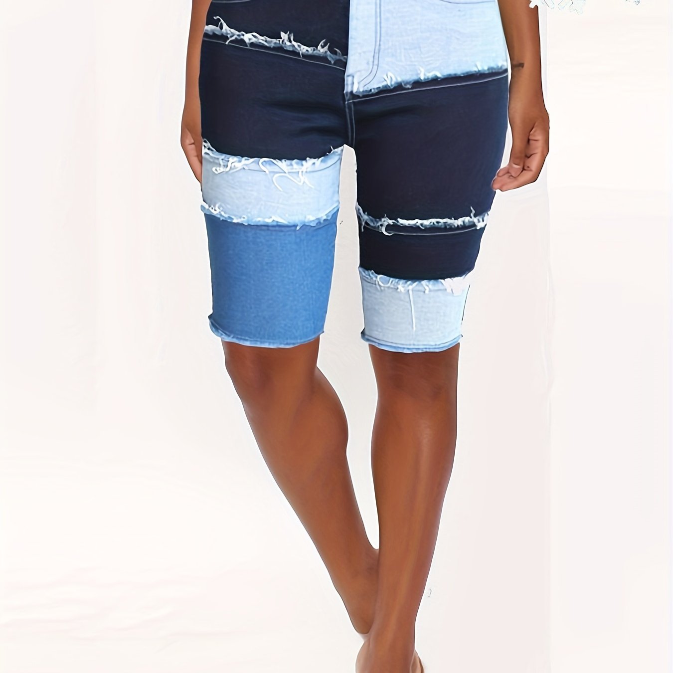 Women's Plus Size Oversized Color Block Bermuda Patchwork Denim Shorts With A Slim Fit Waist And Denim Shorts