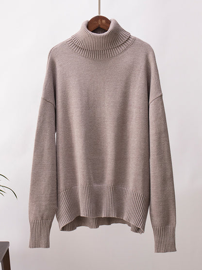 xakxx Long Sleeves Loose Solid Color High Neck Knitwear Pullovers Sweater Tops
