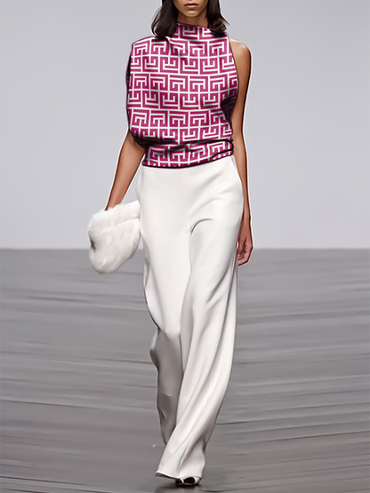 xakxx Loose Sleeveless Asymmetric Printed Stand Collar T-Shirts Tops