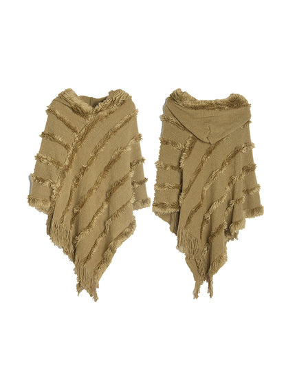 xakxx Hooded Keep Warm Solid Color Tasseled Cape Shawl&Cloak