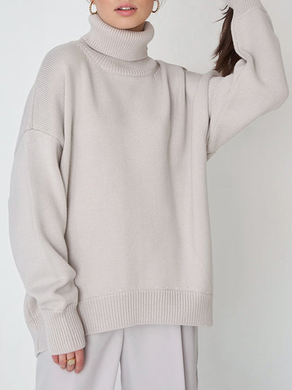 xakxx Long Sleeves Loose Solid Color High Neck Knitwear Pullovers Sweater Tops