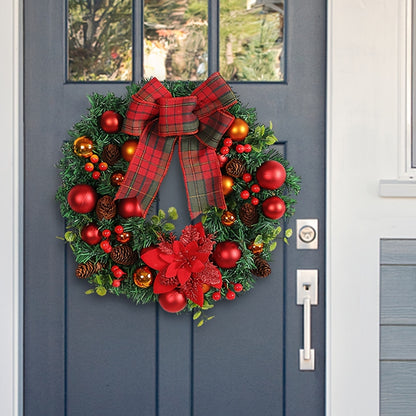 15.8" Vibrant Red Christmas Wreath with Artificial Pine Cones and Elegant Bow - Festive Holiday Door & Window Decoration, Perfect for New Year Celebrations, Indoor and Outdoor Use, Easy to Assemble, Durable and Long-Lasting