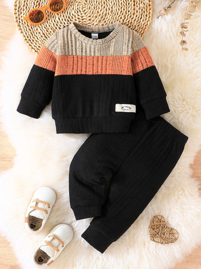 2pcs Adorable Baby Boy's Color Clash Outfit Set - Layette Sets - Soft Ribbed Sweatshirt and Pants Combo for Newborns, Perfect Gift for Baby Shower