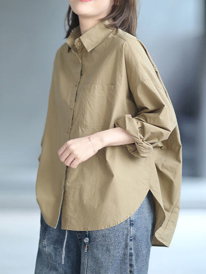 xakxx High-Low Long Sleeves Solid Color Lapel Blouses&Shirts Tops