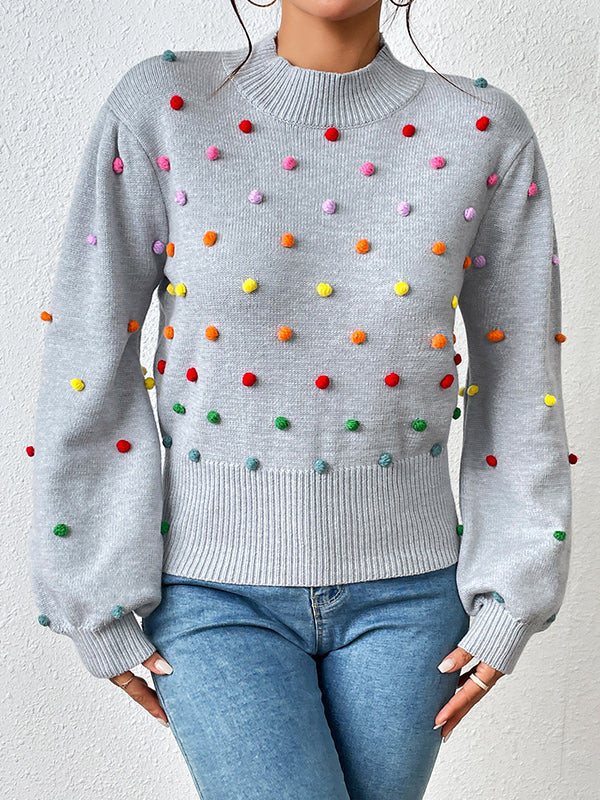 xakxx Long Sleeves Loose Pompom Triming Round-Neck Knitwear Pullovers Sweater Tops