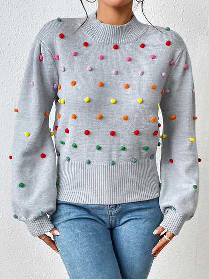 xakxx Long Sleeves Loose Pompom Triming Round-Neck Knitwear Pullovers Sweater Tops