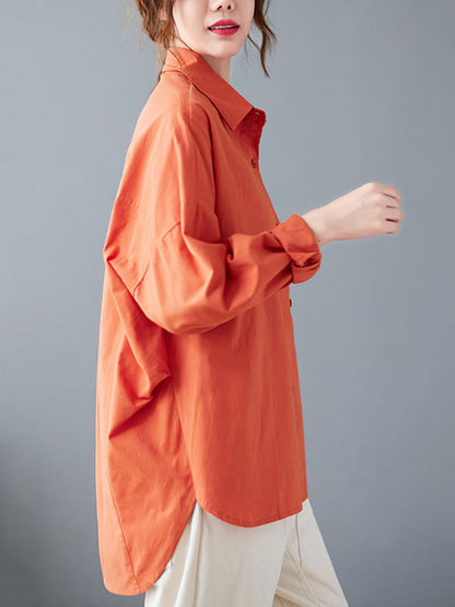 xakxx High-Low Long Sleeves Solid Color Lapel Blouses&Shirts Tops