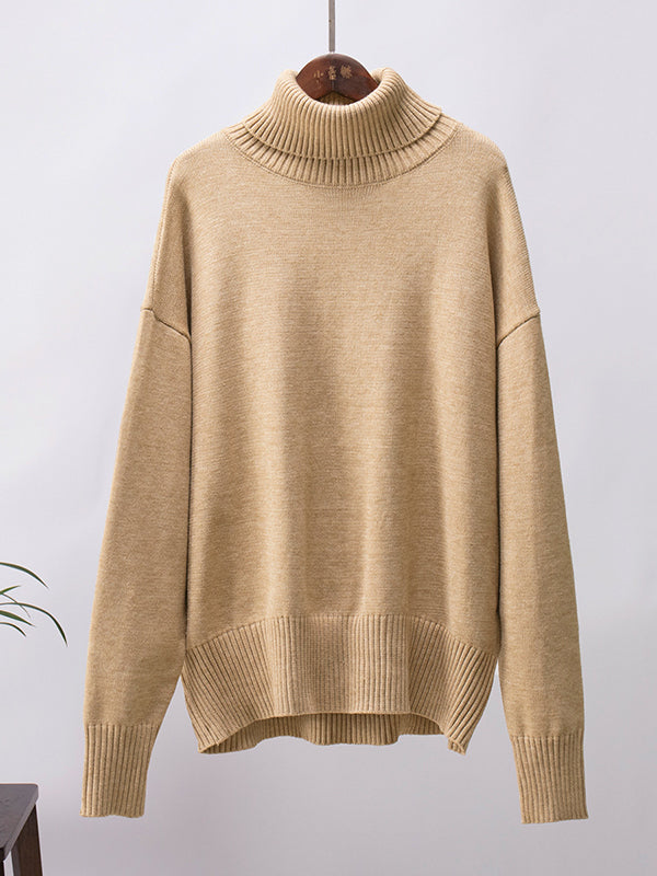 xakxx Long Sleeves Loose Solid Color High Neck Knitwear Pullovers Sweater Tops