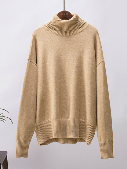 xakxx Long Sleeves Loose Solid Color High Neck Knitwear Pullovers Sweater Tops