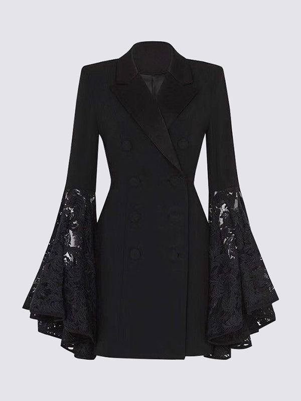 xakxx Flared Sleeves Long Sleeves Asymmetric Buttoned Solid Color Split-Joint Notched Collar Blazer Outerwear