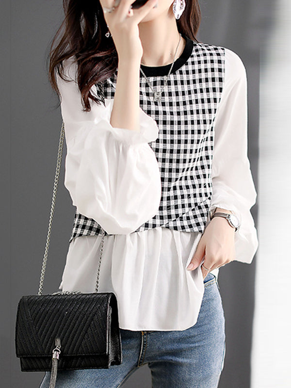 xakxx Long Sleeves Loose Elasticity Plaid Split-Joint Round-Neck T-Shirts Tops