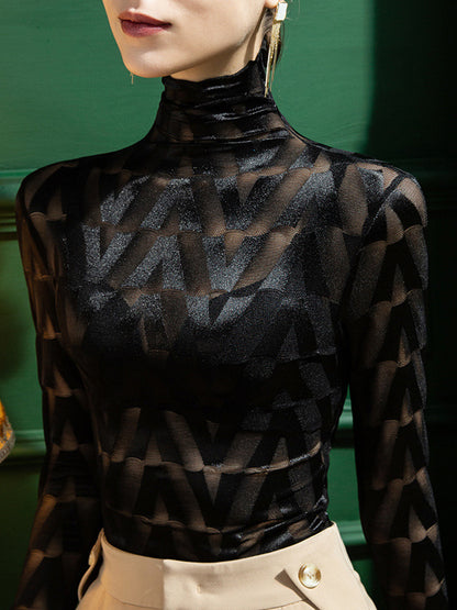 xakxx Stylish Skinny Long Sleeves Embroidered Split-Joint Checkered High-Neck T-Shirts Tops
