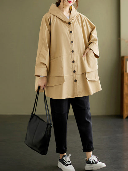 xakxx Loose Solid Color Buttoned Hooded Long Sleeves Trench Coat