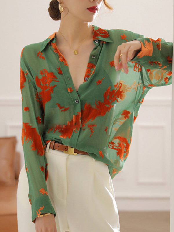 xakxx Long Sleeves Printed See-Through Lapel Blouses&Shirts Tops