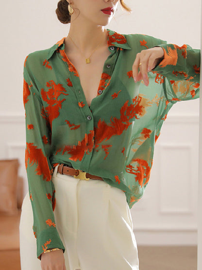 xakxx Long Sleeves Printed See-Through Lapel Blouses&Shirts Tops