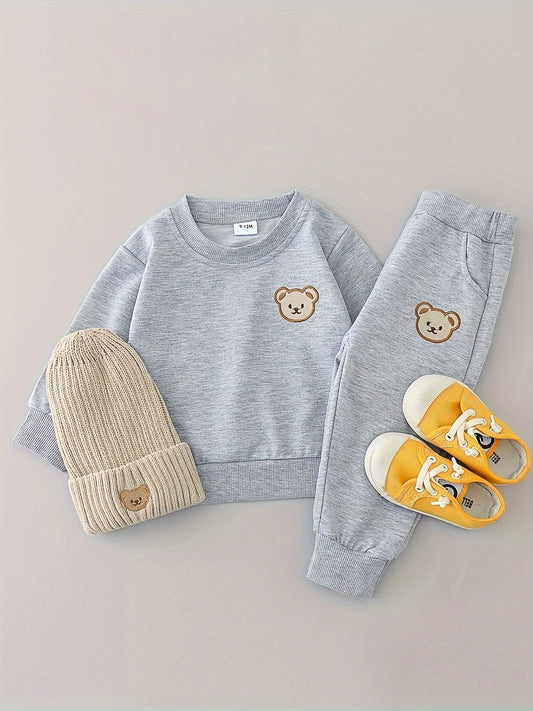 Boys Bear Embroidered Long Sleeve Sweatshirt And Joggers Set, 2-piece Casual Versatile Co Ord Set For Spring Fall