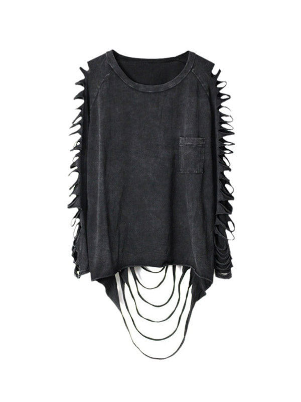 xakxx Long Sleeves Loose Hollow Solid Color Split-Joint Round-Neck T-Shirts