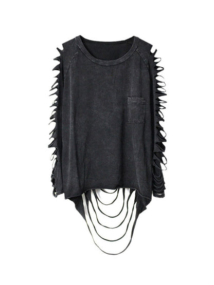xakxx Long Sleeves Loose Hollow Solid Color Split-Joint Round-Neck T-Shirts