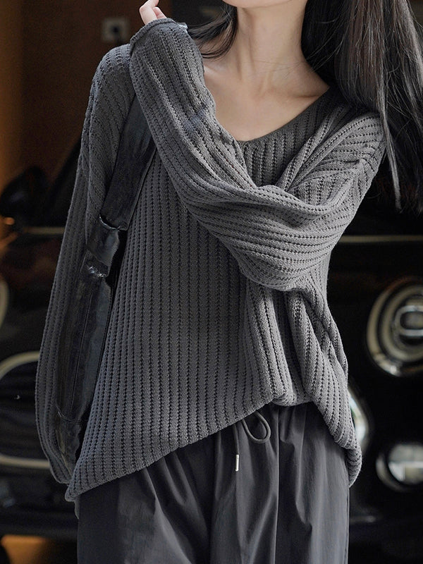 xakxx Long Sleeves Loose Solid Color V-Neck Pullovers Sweater Tops
