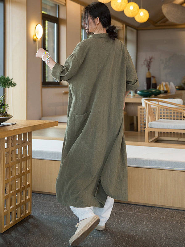 xakxx Artistic Retro Loose Simple Casual Solid Color Ramie Trench Coat
