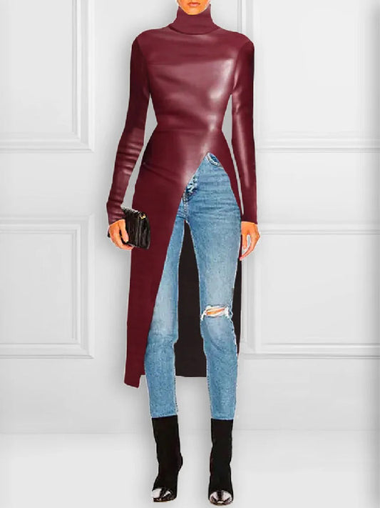 xakxx Long Sleeves Skinny Solid Color Split-Front High-Neck T-Shirts Tops