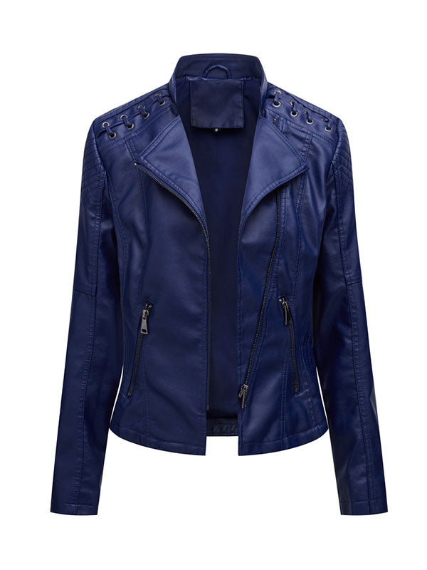 xakxx Long Sleeves Split-Joint Zipper Mock Neck PU Jackets Outerwear