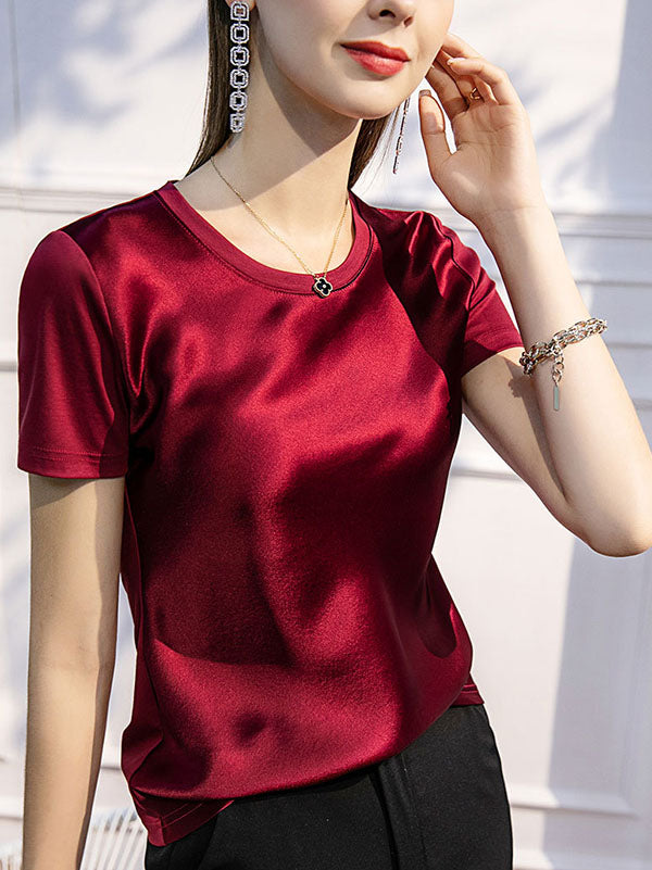 xakxx Short Sleeves Solid Color Round-Neck T-Shirts Tops