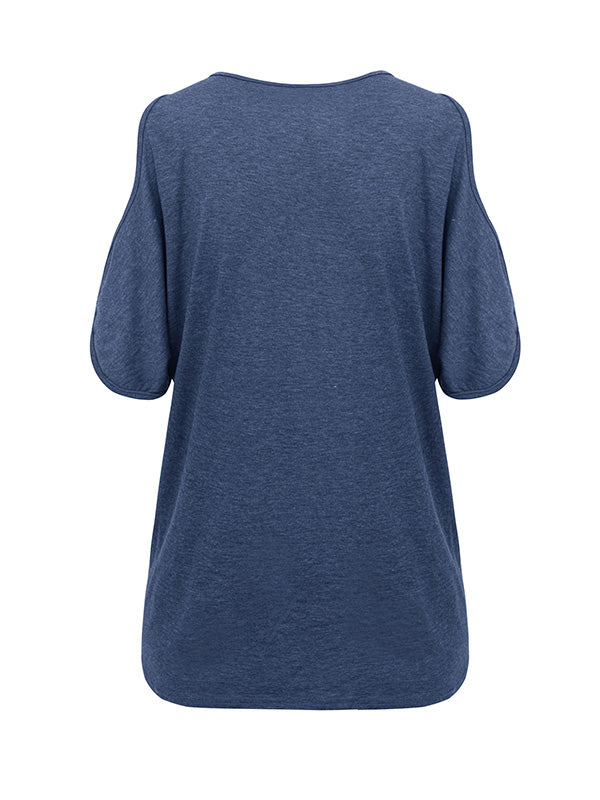xakxx Loose Short Sleeves Hollow Solid Color Cold Shoulder T-Shirts Tops