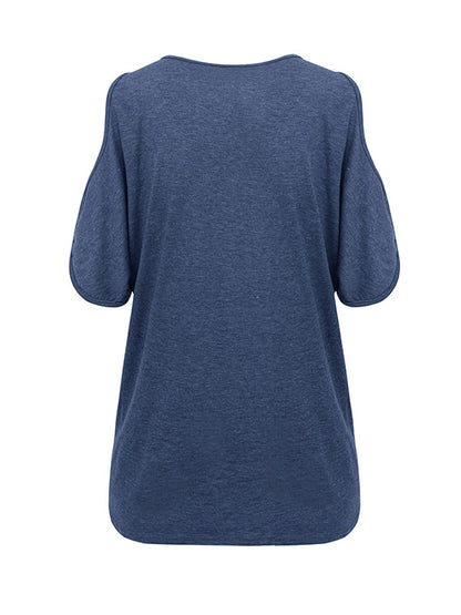 xakxx Loose Short Sleeves Hollow Solid Color Cold Shoulder T-Shirts Tops